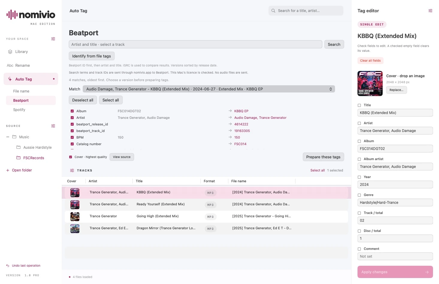 Beatport metadata lookup in Nomivio Pro with version comparison