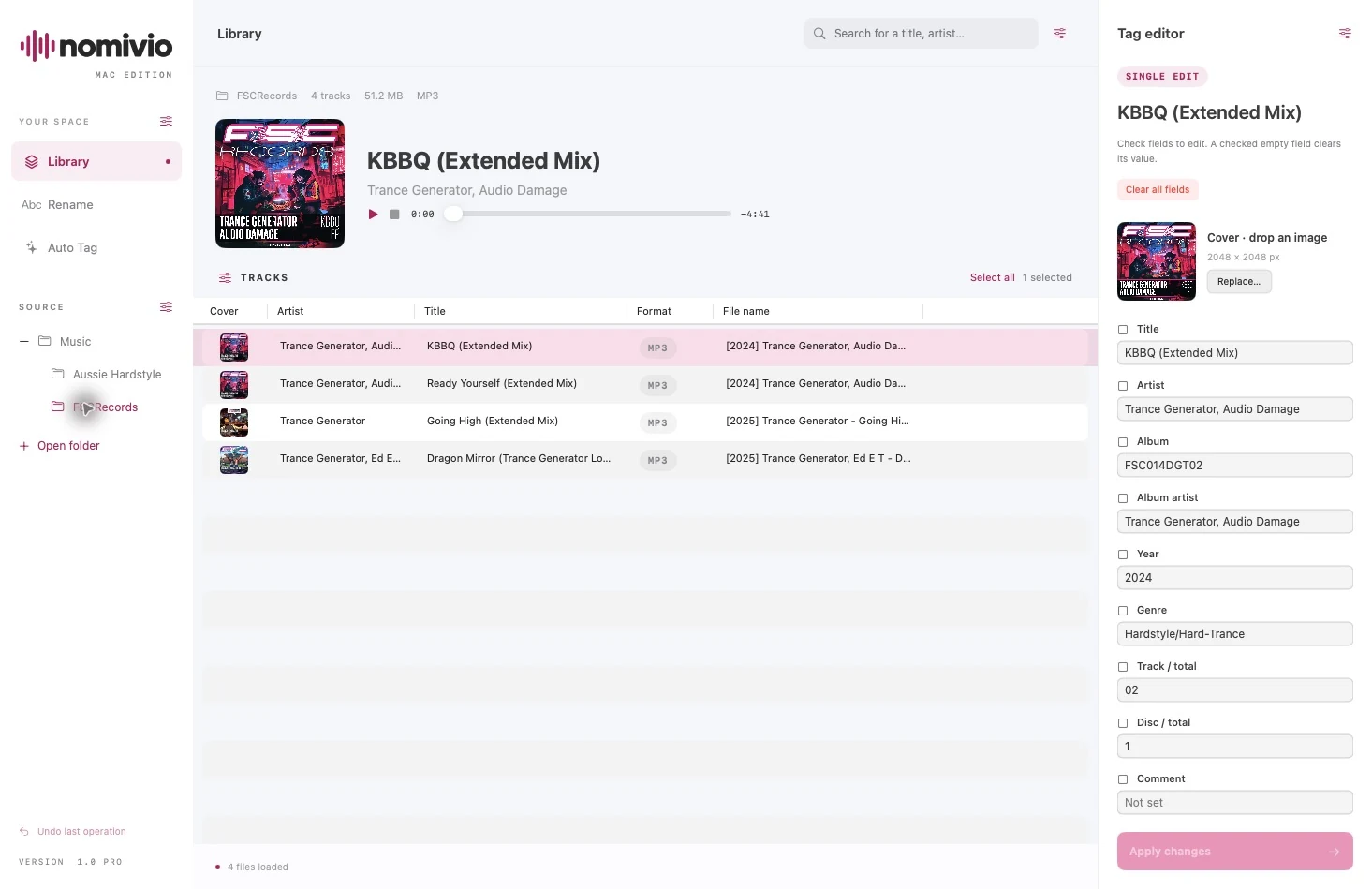 Nomivio music library on Mac with audio files and tag columns