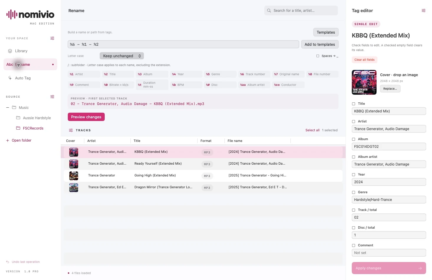 Template-based audio file renaming in Nomivio